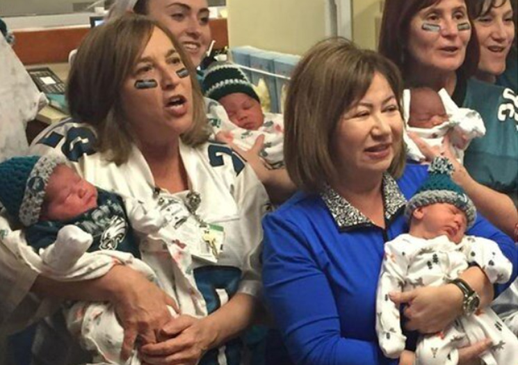 Moms and babies showing Philadelphia Eagles pride